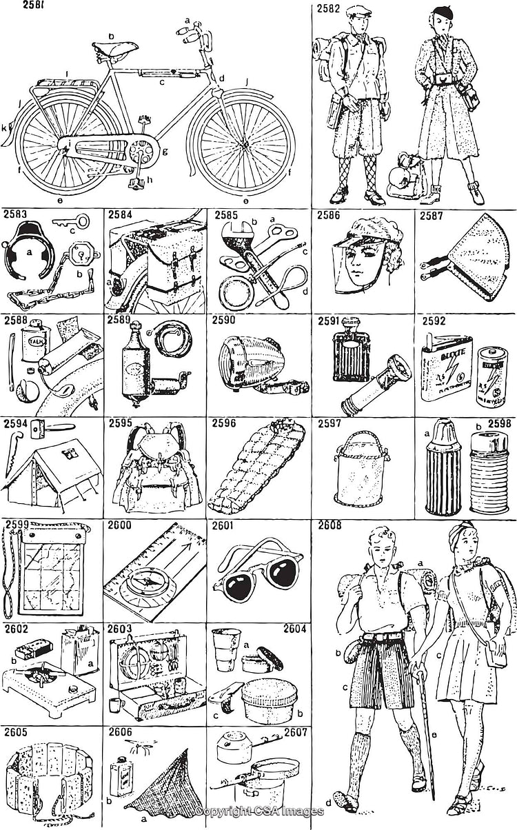 Vintage Black and White Illustrations of Outdoor Equipment and Accessories