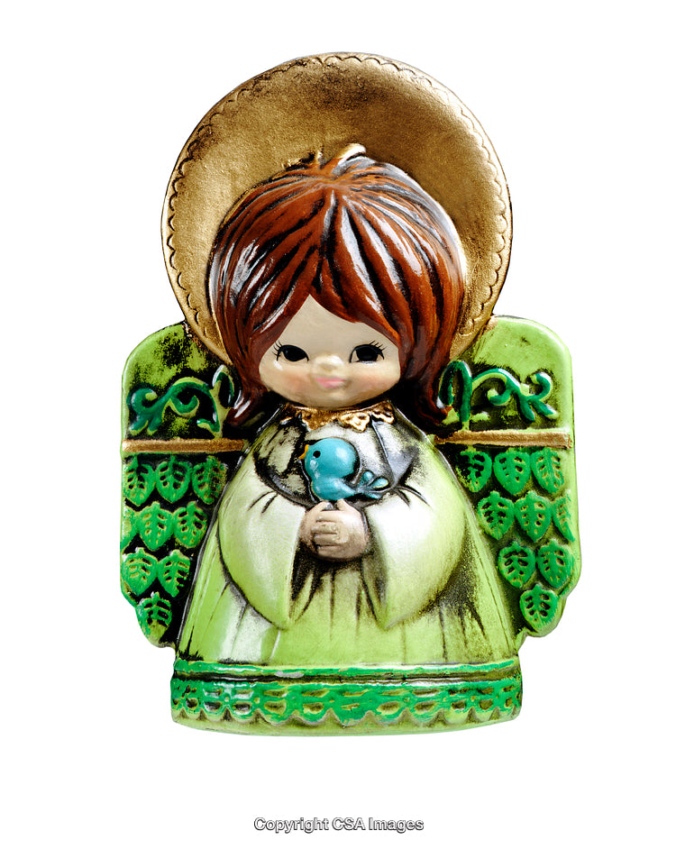 Decorative Angel Figurine Holding a Bird with Greens and Gold Accent