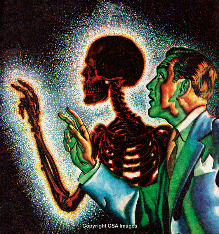 Man Observing Skeleton Glow in Surreal Artistic Scenario