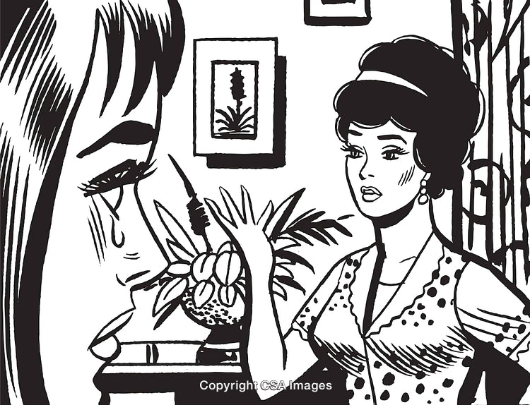 Retro Illustration of a Dramatic Moment Between Women in a Vintage Setting