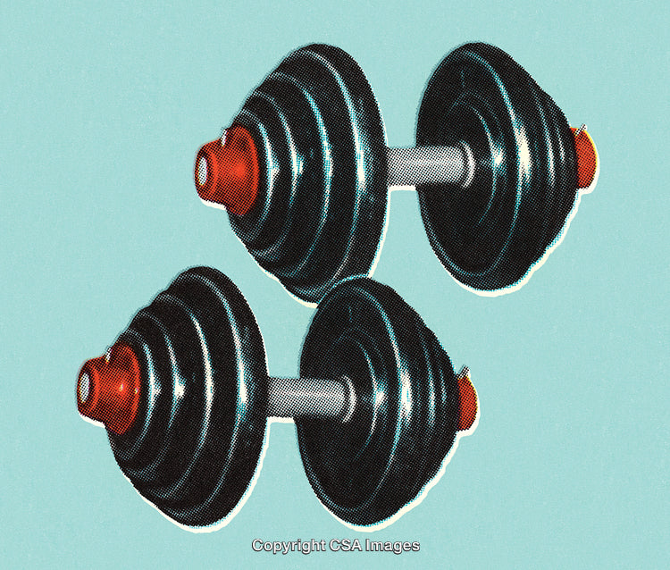 Stylized Illustration of Dumbbells with a Dot Screen Effect on Blue Background