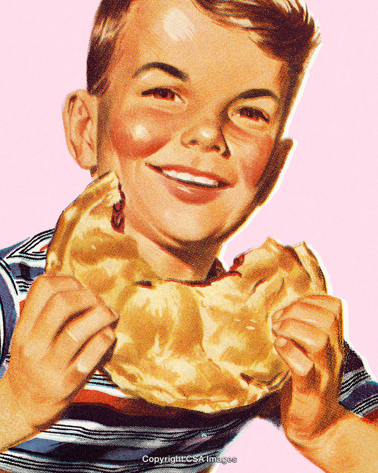 Smiling Boy Enjoying a Delicious Slice of Pie Against a Pink Background