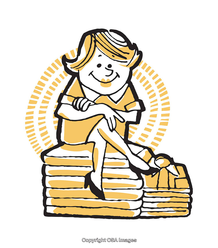 Colorful Illustration of Cheerful Figure Sitting on Stack of Books
