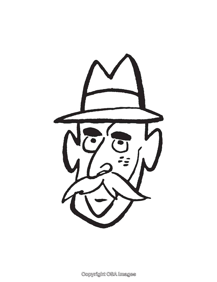 Black and White Line Art of a Man with Hat and Mustache