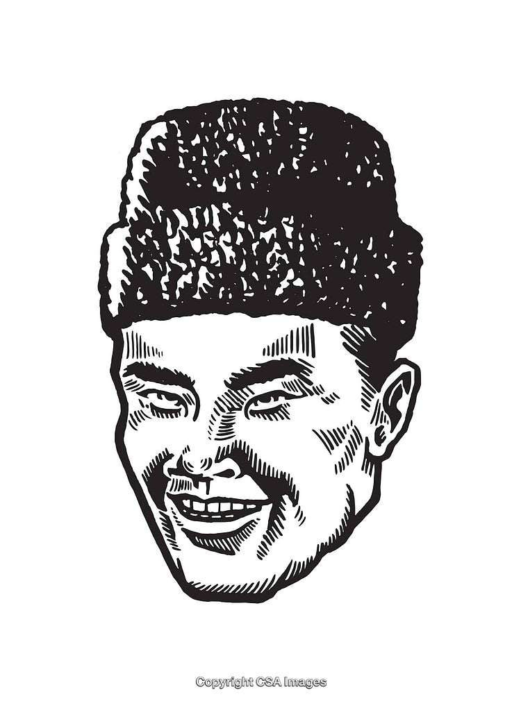 Black And White Illustration of a Smiling Man Wearing a Fur Hat