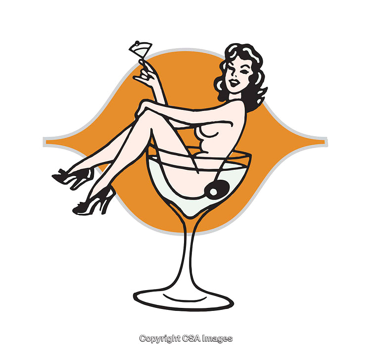 Retro Pin-Up Girl Reclining in Martini Glass with Olive and Cocktail