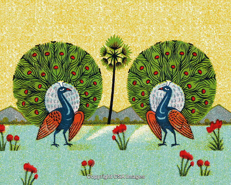 Colorful Embroidered Artwork of Two Peacocks in a Serene Garden Scene