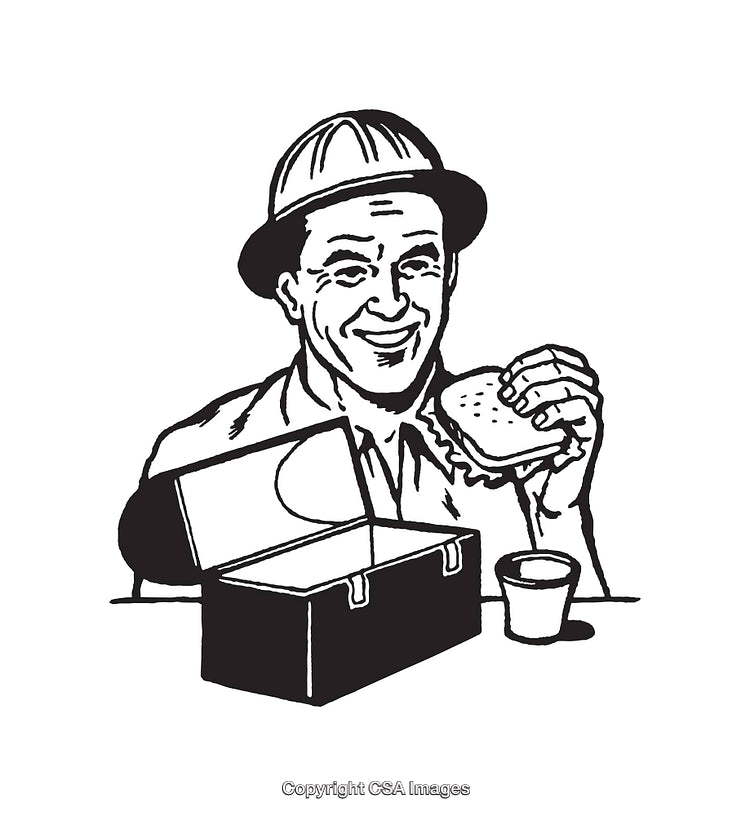 Black and White Line Art of Worker Enjoying Lunch at Work