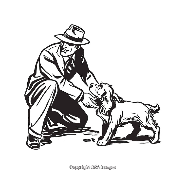 Man Kneeling and Interacting with a Dog in Line Art Style