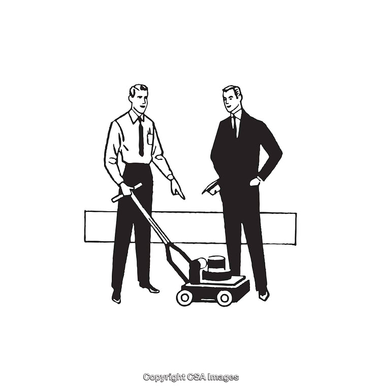 Illustration of Two Men Discussing a Lawn Mower in Detail