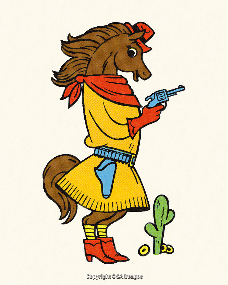 Western-Themed Anthropomorphic Horse Holding a Gun Cartoon Illustration