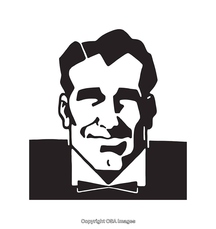 Black and White Illustration of a Smiling Gentleman in a Suit and Bow Tie