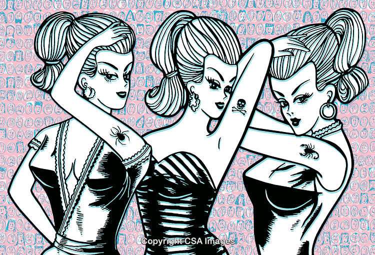 Stylized Retro Women With Tattoos in Vintage Pop Art Fashion