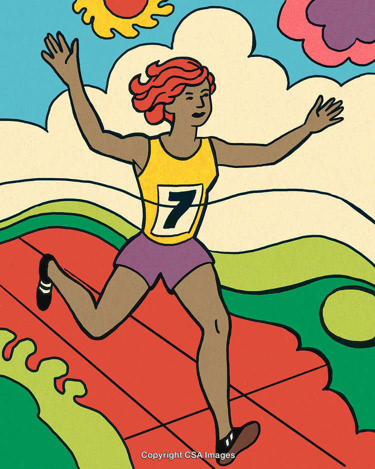 Colorful Illustration of a Woman Finishing a Race on a Track