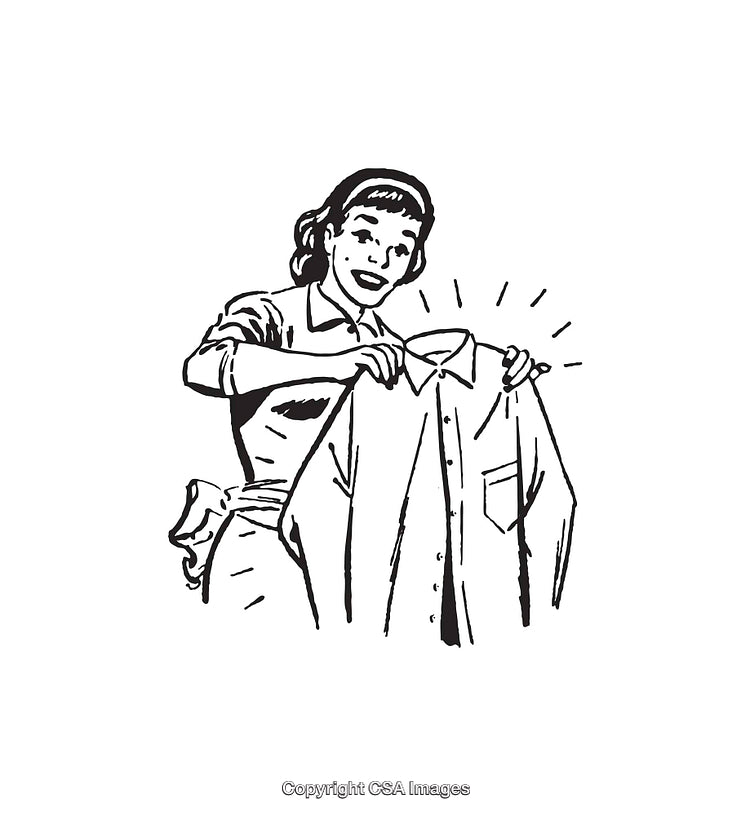 Vintage Illustration of Woman Holding Shirt with Delighted Expression