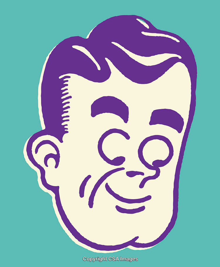 Retro Style Purple Cartoon Man Illustration on Turquoise Background