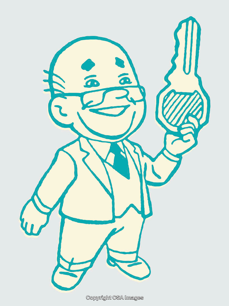 Cartoon Illustration of Businessman Holding a Key and Smiling