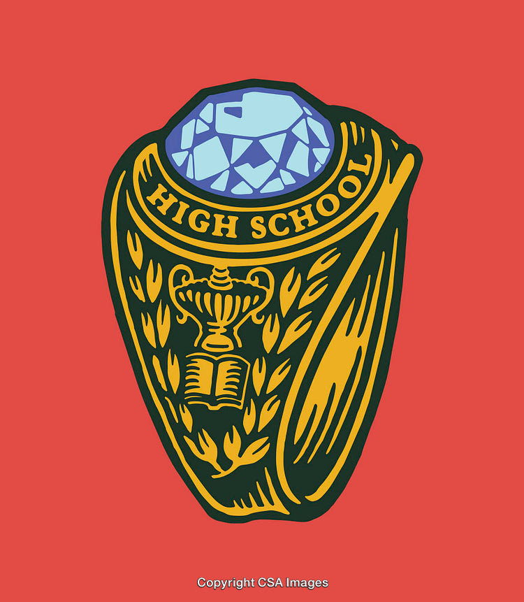 Golden High School Ring Icon with Trophy and Gem Illustration