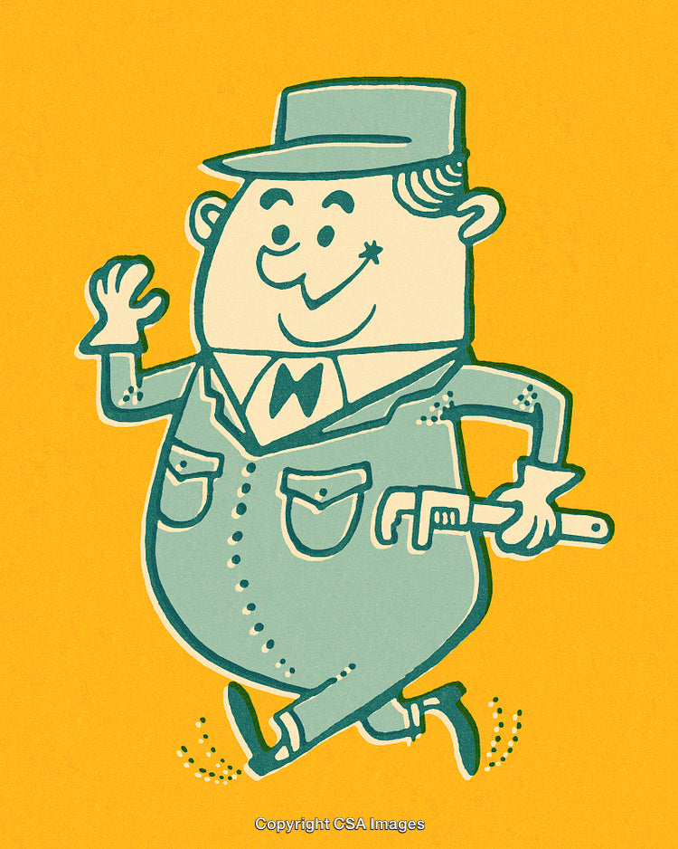 Retro Cartoon Plumber Character With Pipe Wrench on Vibrant Yellow Background