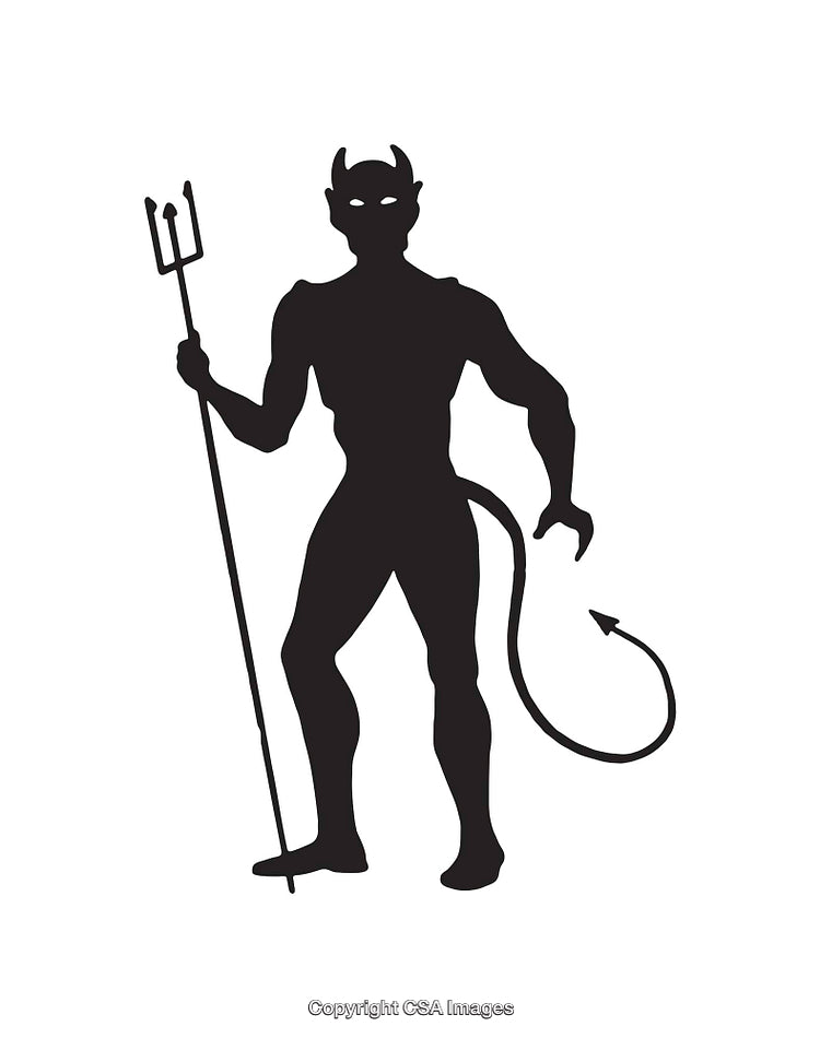 Silhouette of a Devil with Pitchfork and Tail in Black and White