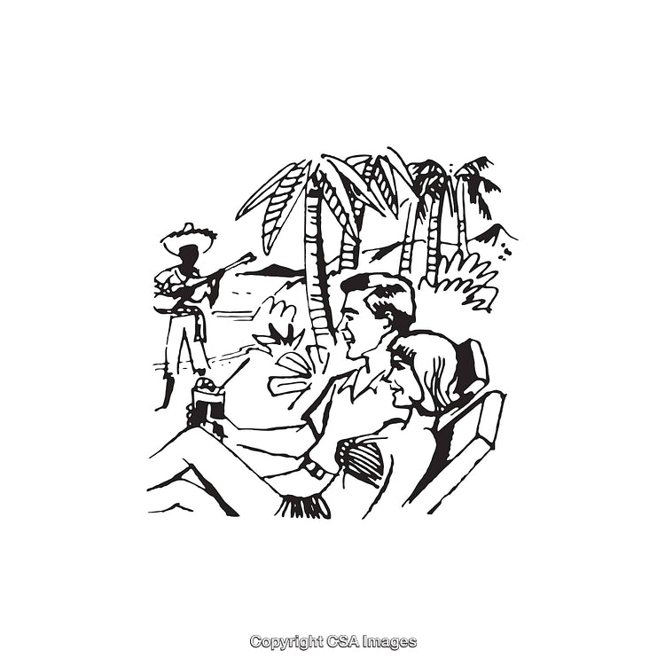 Couple Relaxing by Tropical Beach with Music Entertainment in Line Art Illustration