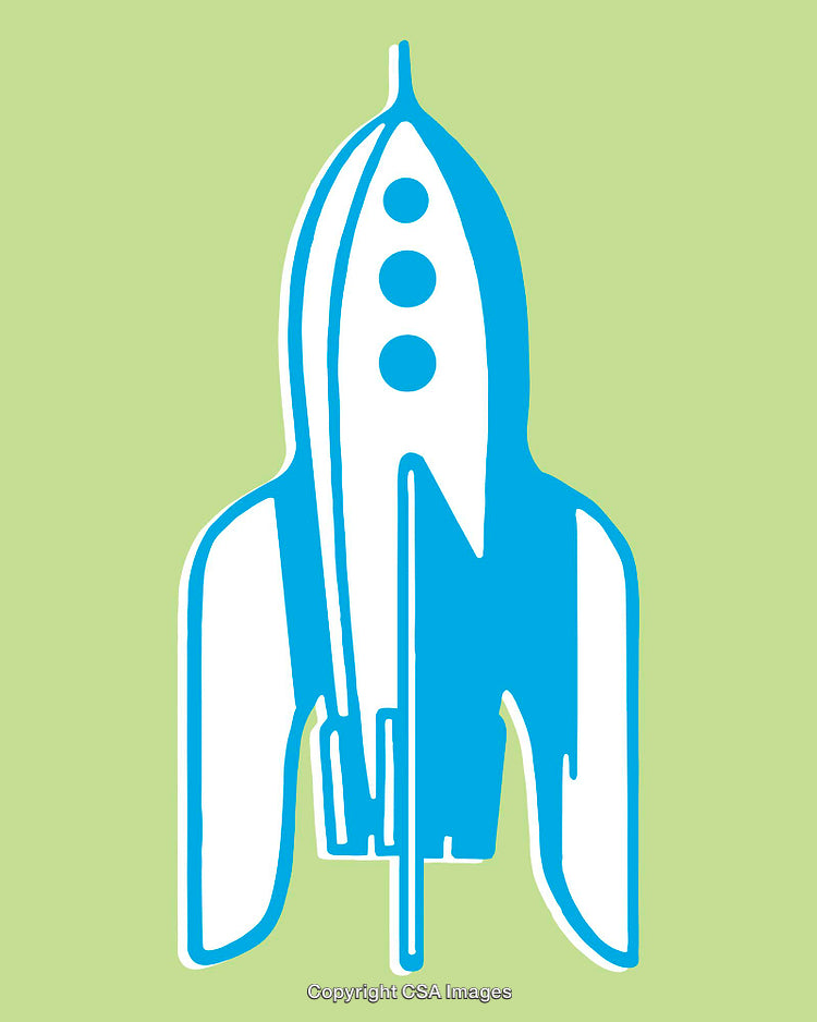 Blue Rocket Illustration on a Light Green Background in Line Art Style
