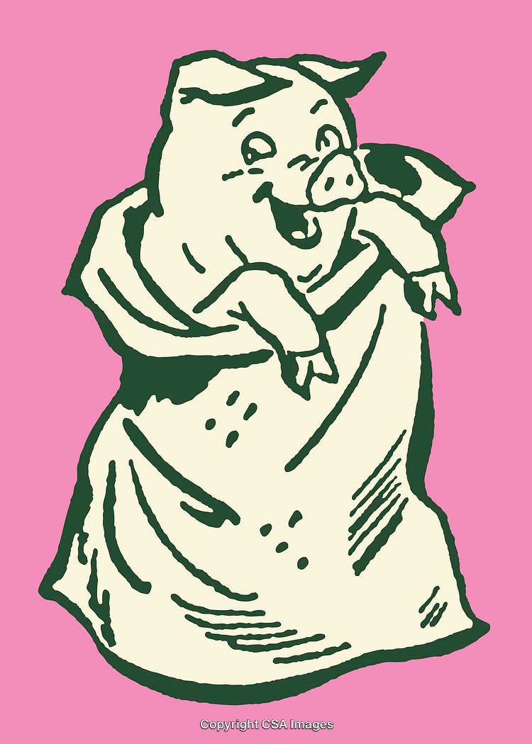 Cheerful Line Art Illustration of a Pig in a Burlap Sack