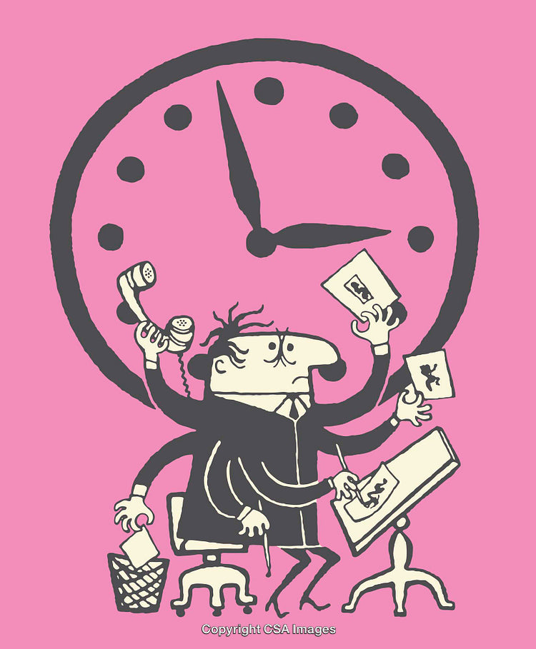 Cartoon Illustration of a Busy Businessperson Managing Numerous Tasks and Responsibilities