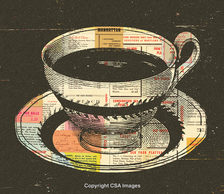 Artistic Tea Cup Composition with Newspaper Collage and Vintage Design Elements
