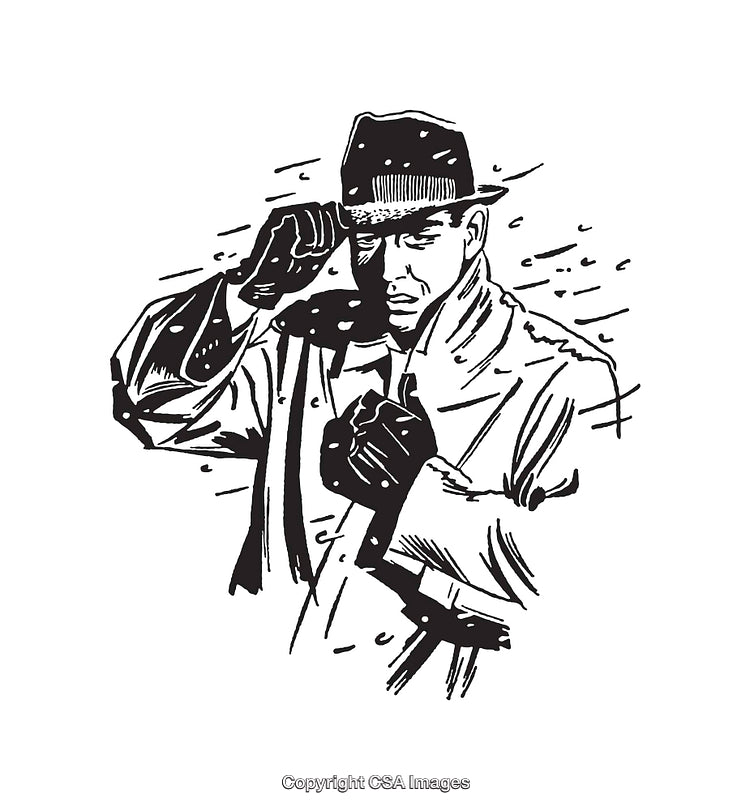 Black and White Line Art Depicting a Mysterious Detective in a trench coat