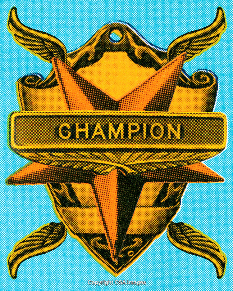 Golden Champion Badge With Decorative Wings on Blue Background