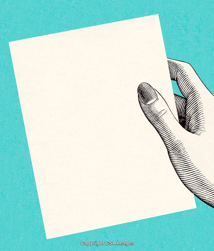 Artistic Illustration of a Hand Holding a Blank Sheet Against Blue Background