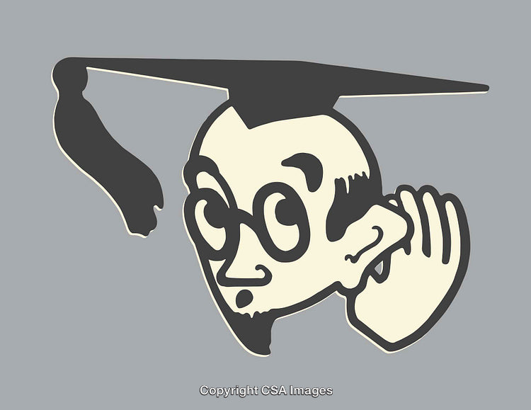 Vintage Caricature of Academic Character Wearing Graduation Cap Listening