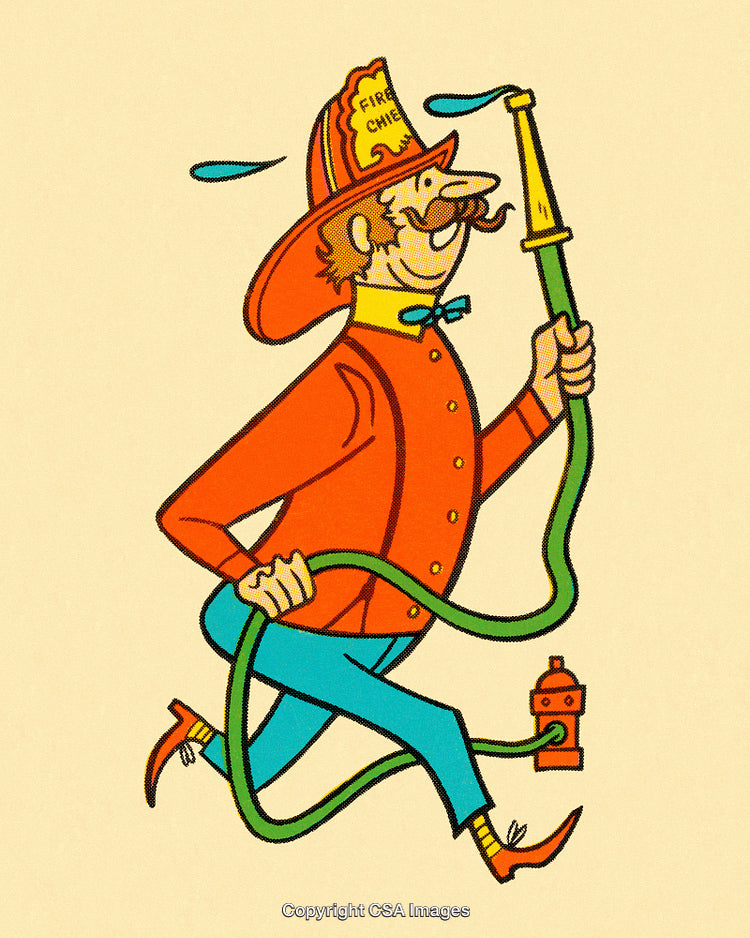 Vintage Cartoon Firefighter with Hose and Hat Depiction