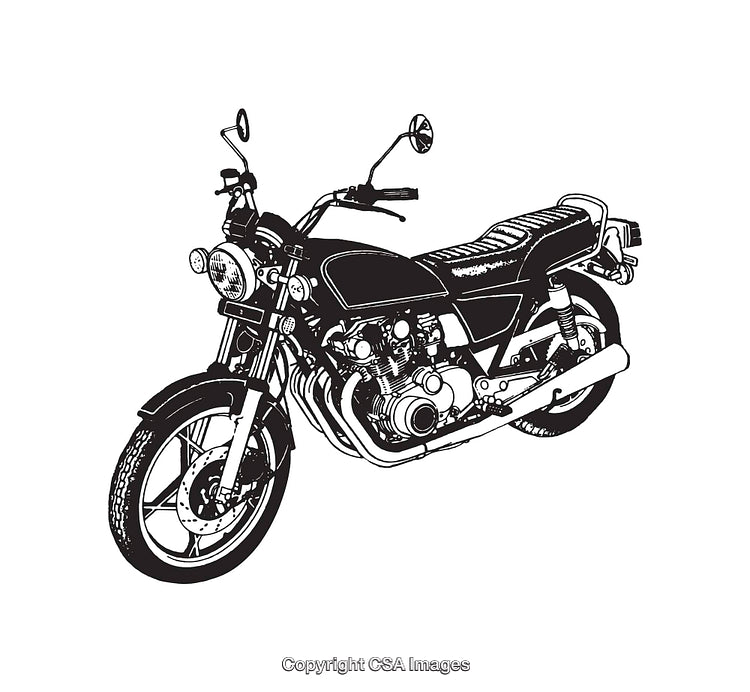 Black and White Illustration of a Vintage Motorcycle in Line Art Style