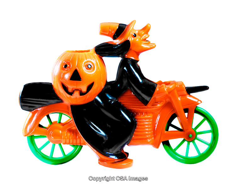 Colorful Halloween Witch Riding a Motorcycle with Pumpkin Decoration