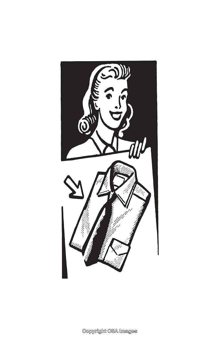 Vintage Line Art Illustration of a Woman Holding Shirt Illustration