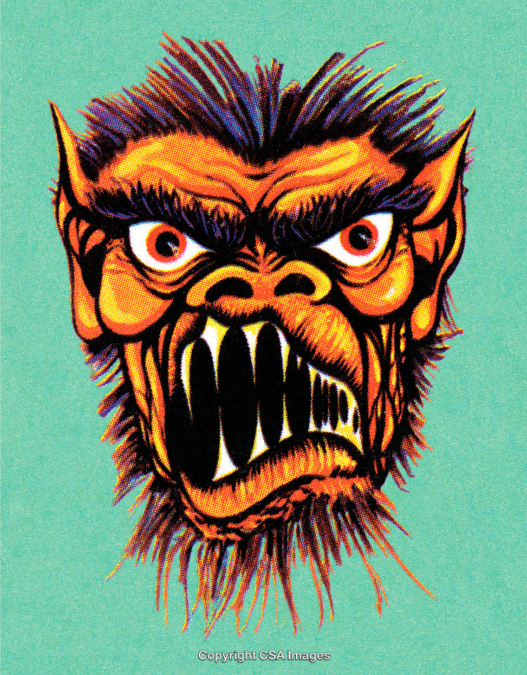 Colorful Illustrated Monster Face with Fearsome Expression in Bold Retro Style