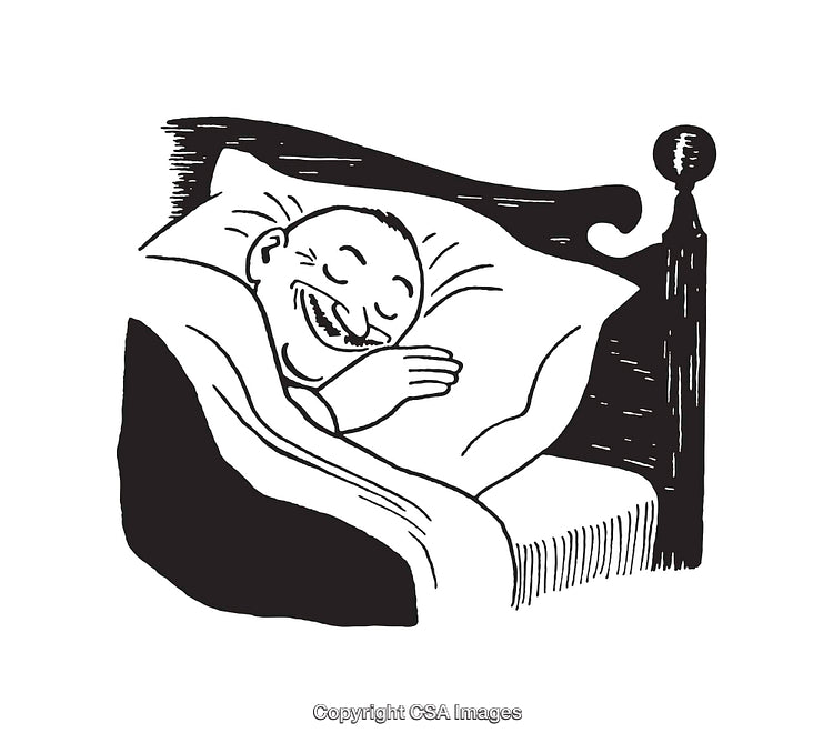 Black and White Line Art of a Happy Sleeping Man in Bed