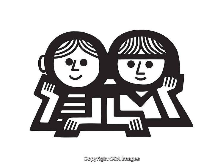 Black and White Line Art of Two Smiling Cartoon Characters