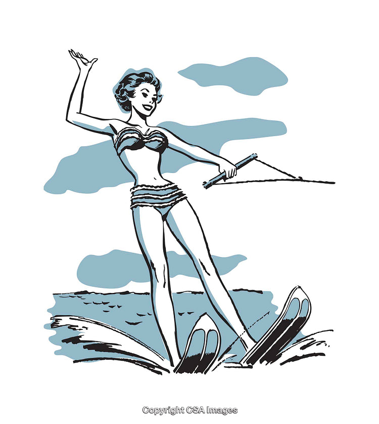 Retro-Inspired Illustration of Woman Water Skiing in Stylish Swimwear