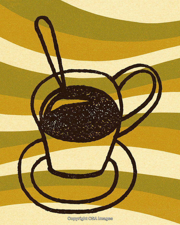 Retro Art Depicting Coffee Cup on Textured Swirl Background