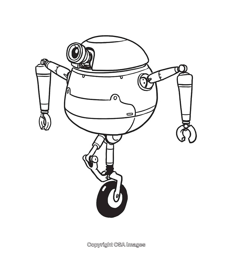 Black and White Line Art of Futuristic Rolling Robot Design