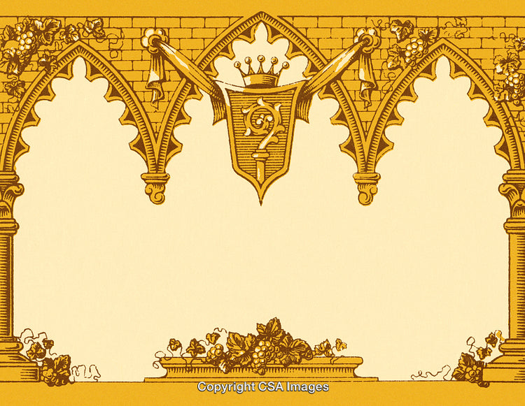 Ornate Golden Border with Gothic Arches and Regal Crest Design