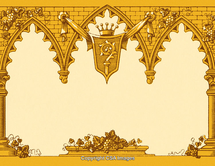 Ornate Golden Border with Gothic Arches and Regal Crest Design