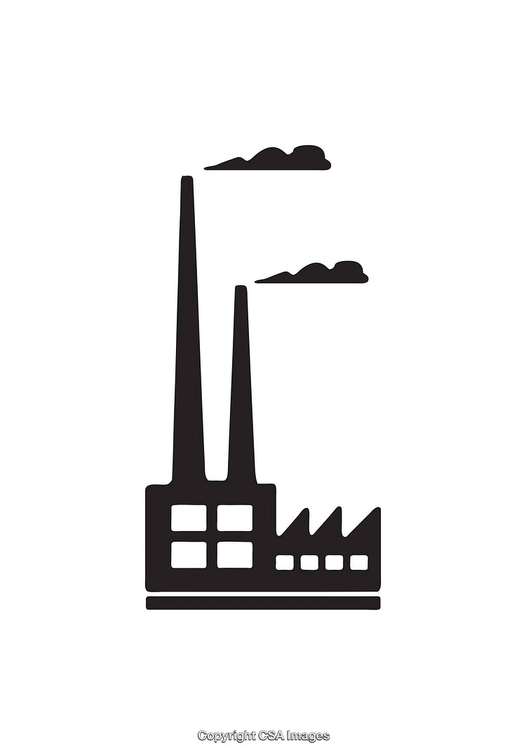 Black and White Icon Depicting a Factory with Smokestacks