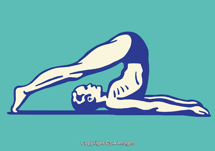 Illustration of Man Practicing Yoga in a Halasana Pose on Blue Background