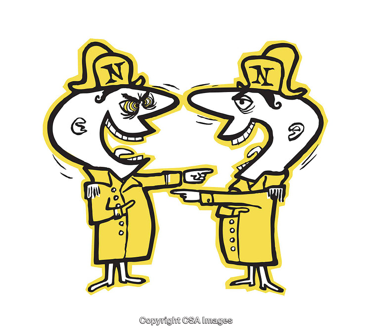 Whimsical Illustration of Two Cartoon Characters Pointing at Each Other