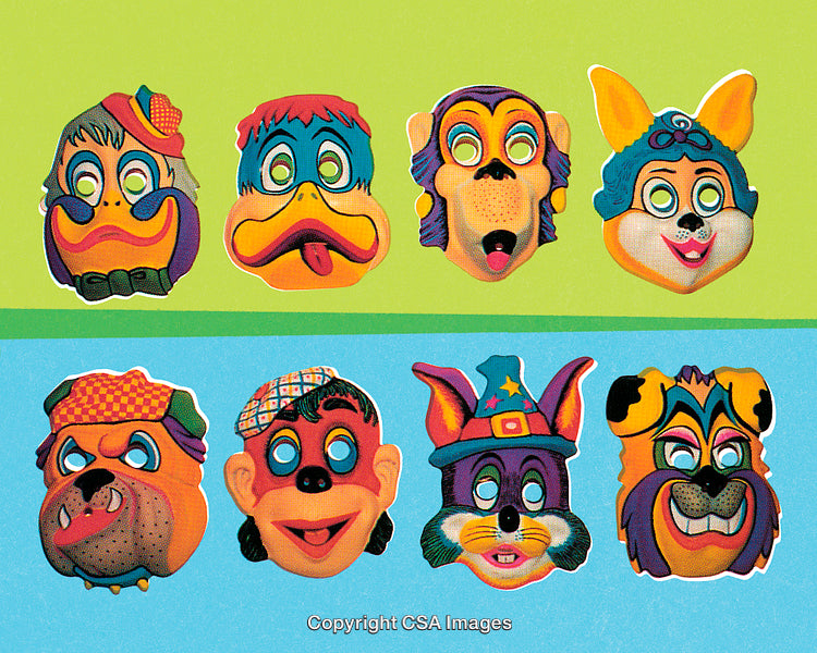 Brightly Colored Cartoon-Style Animal Masks with a Retro Aesthetic