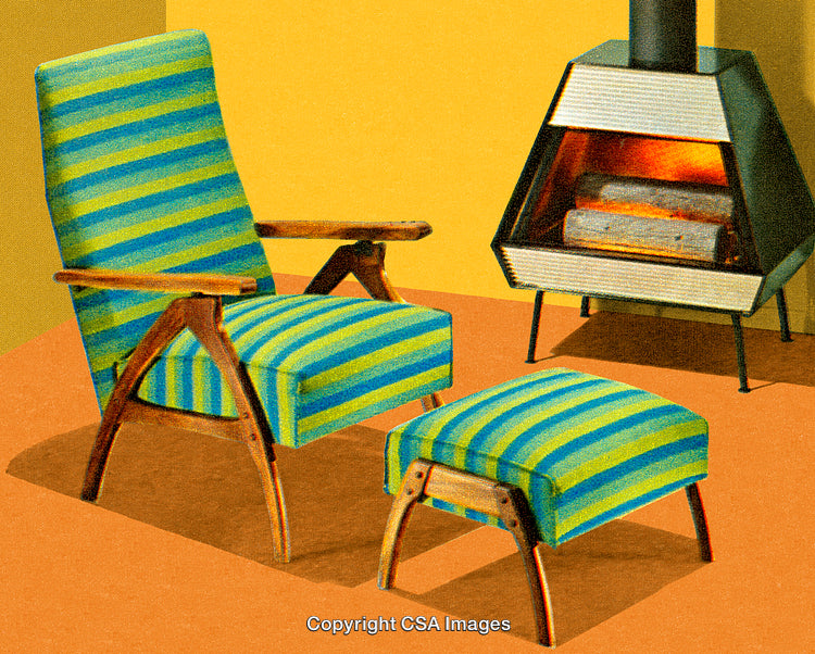 Retro Armchair and Ottoman in Cozy Living Room by Fireplace
